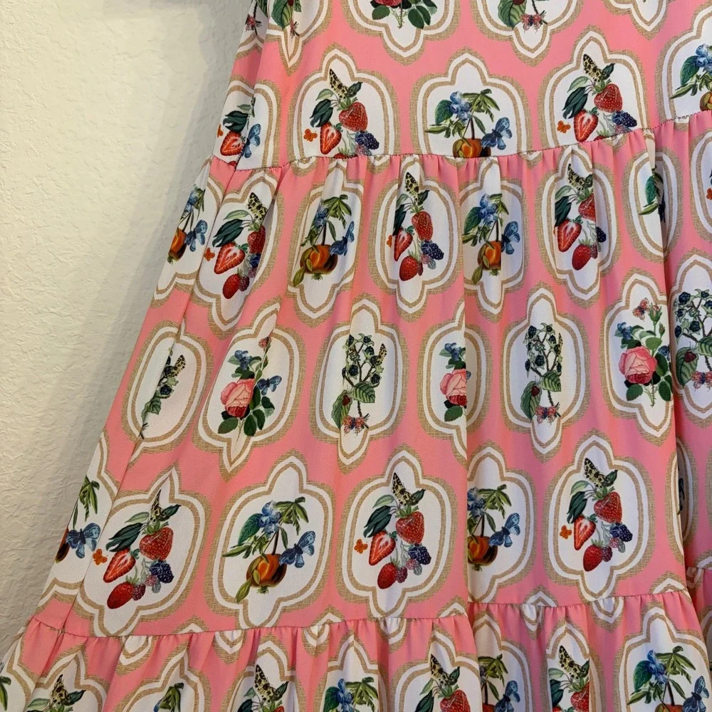 Smith & Quinn Sage Midi Dress S Fruit Patch Strawberry Print Butterfly Pink NWT - Picture 4 of 14